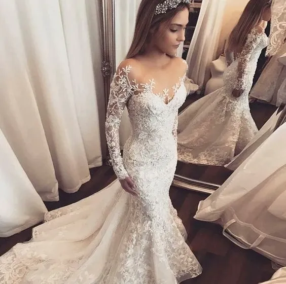 Anneprom Trumpet/Mermaid Ivory Lace Wedding Dress Sweep/Brush Train Scoop Long Sleeve Wedding Dress APW0280