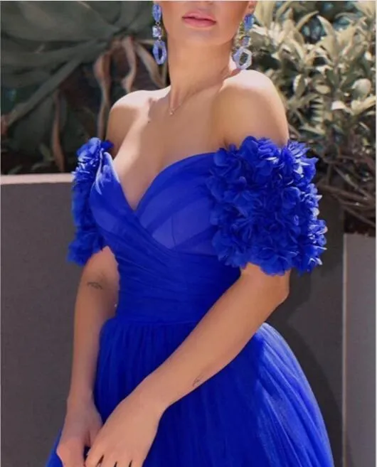 Anneprom Tulle Flowers Off Shoulder Prom Dresses With Split APP0486