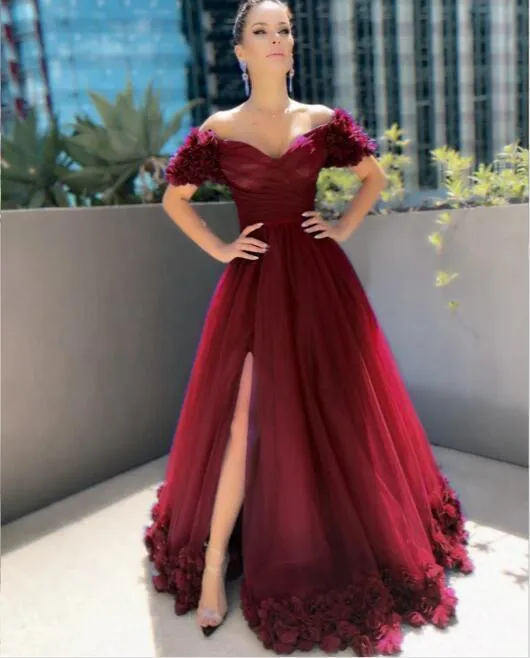 Anneprom Tulle Flowers Off Shoulder Prom Dresses With Split APP0486