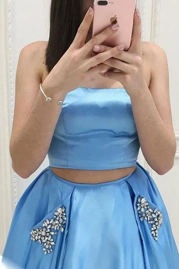 Anneprom Two Piece Strapless Sweep Train Blue Satin Prom Dresses With Pockets APP0233