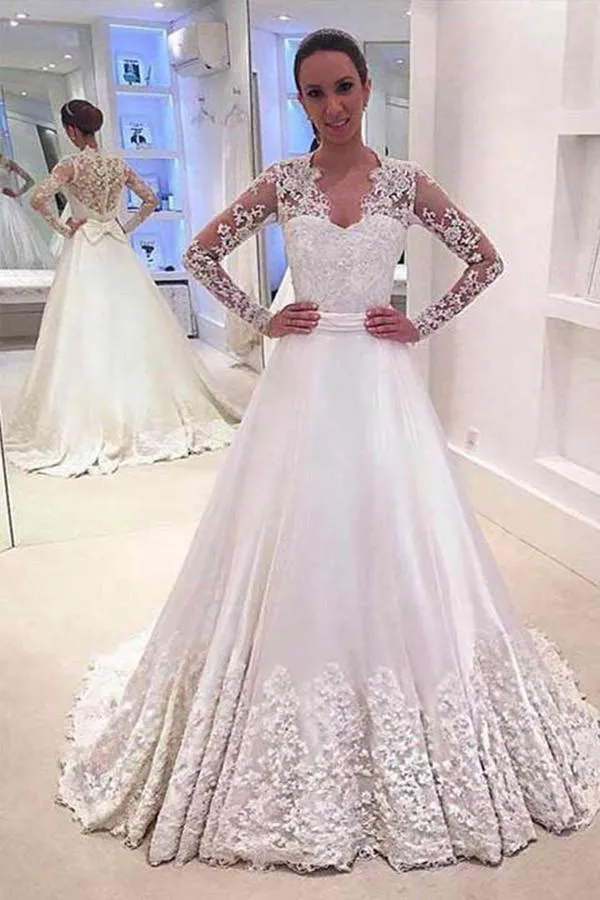 Anneprom V Neck Long Sleeves Appliques Wedding Dresses With Court Train APW0065