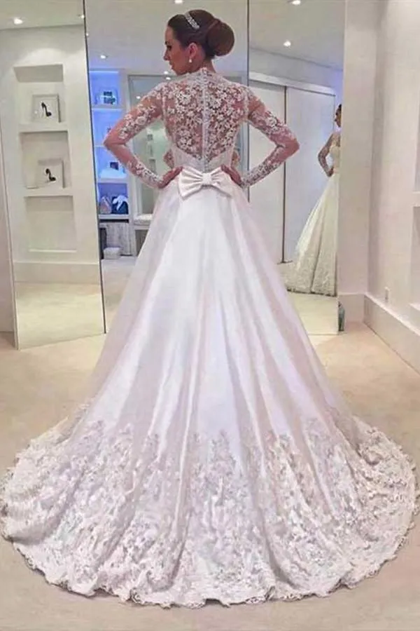 Anneprom V Neck Long Sleeves Appliques Wedding Dresses With Court Train APW0065