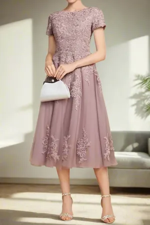Appliques Dusk A-Line Tea Length Mother of the Bride Dress