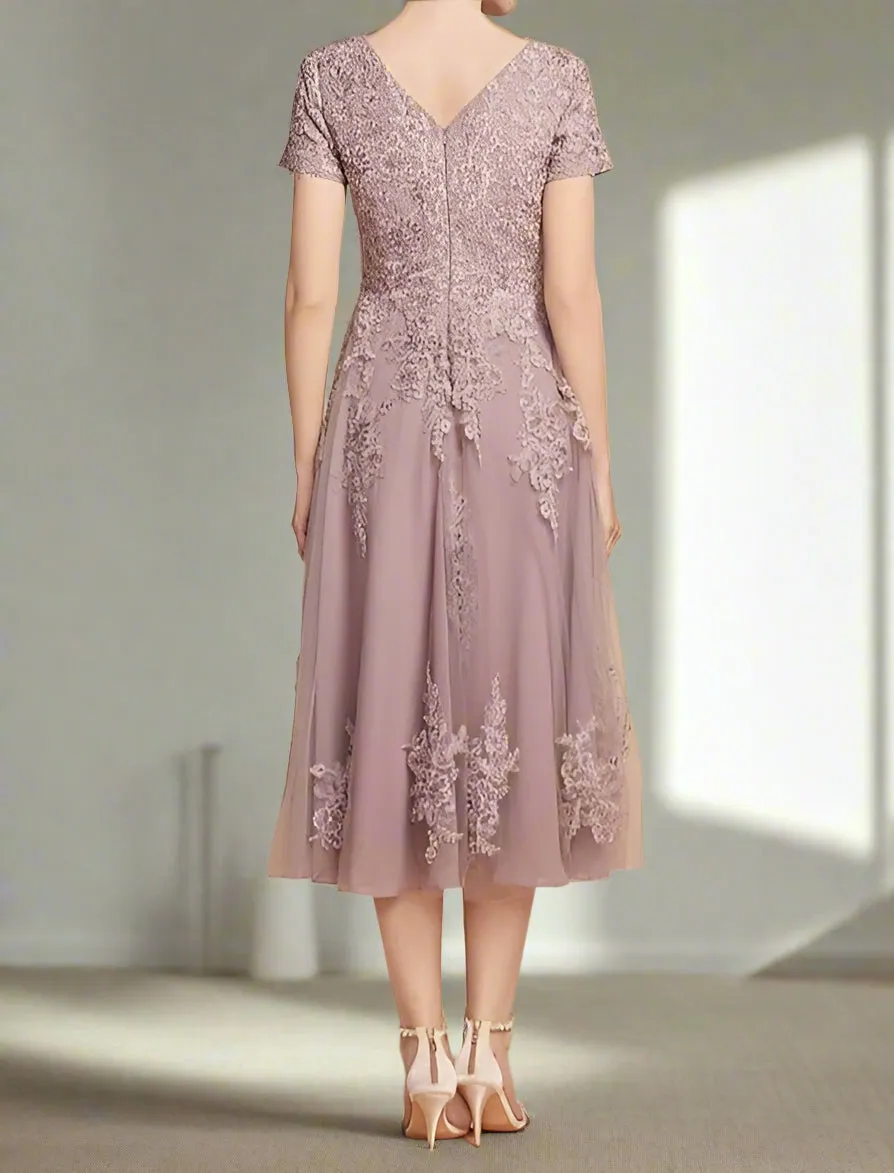 Appliques Dusk A-Line Tea Length Mother of the Bride Dress