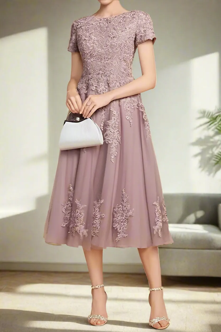 Appliques Dusk A-Line Tea Length Mother of the Bride Dress