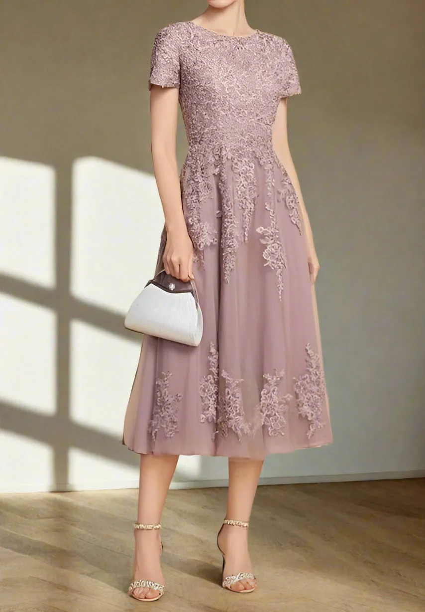Appliques Dusk A-Line Tea Length Mother of the Bride Dress