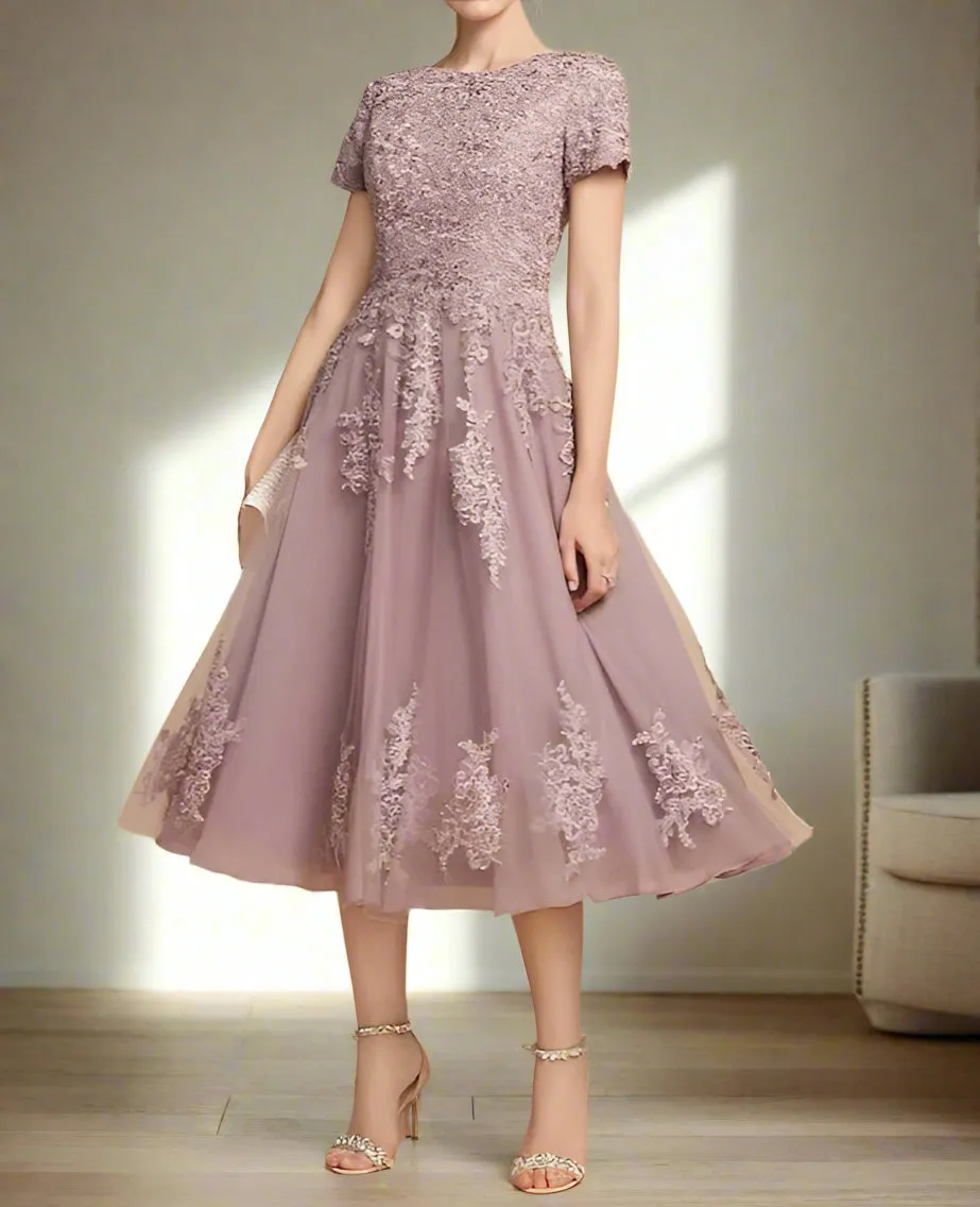 Appliques Dusk A-Line Tea Length Mother of the Bride Dress