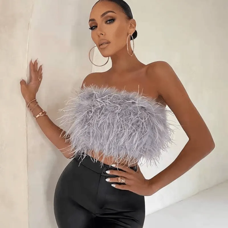 Aurora Feather Strapless Crop Top