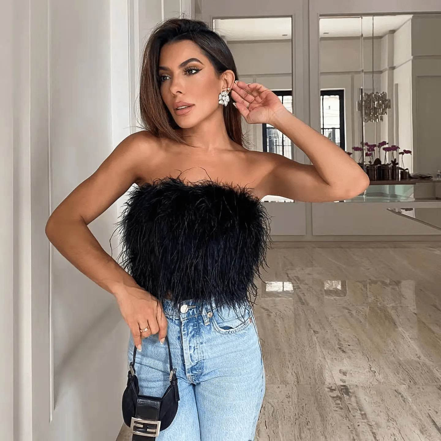 Aurora Feather Strapless Crop Top