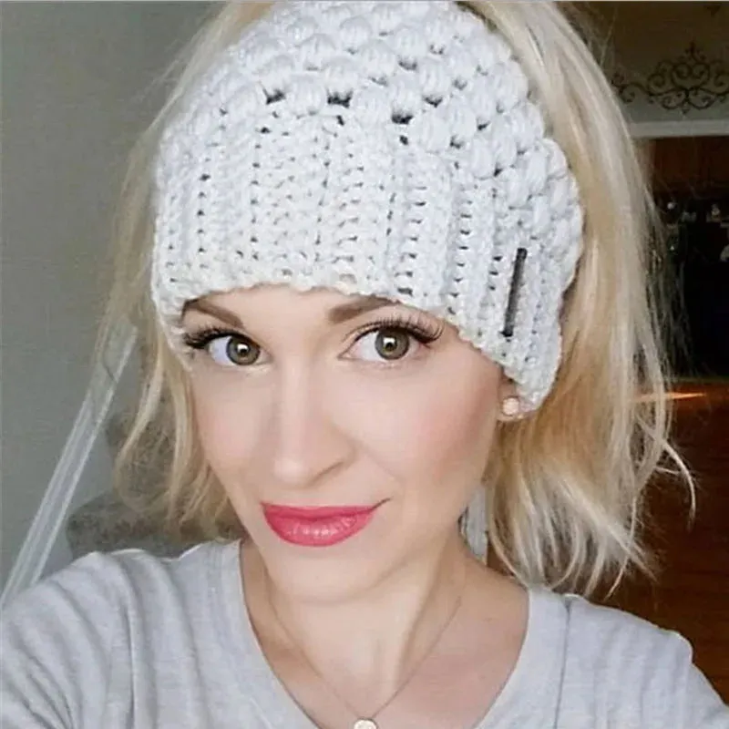 Autumn Winter Warm Messy High Bun Ponytail Beanie - Stretch Knit Colorful Hole Cap for Women and Girls, Hot Fashion Accessory