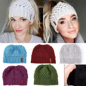 Autumn Winter Warm Messy High Bun Ponytail Beanie - Stretch Knit Colorful Hole Cap for Women and Girls, Hot Fashion Accessory