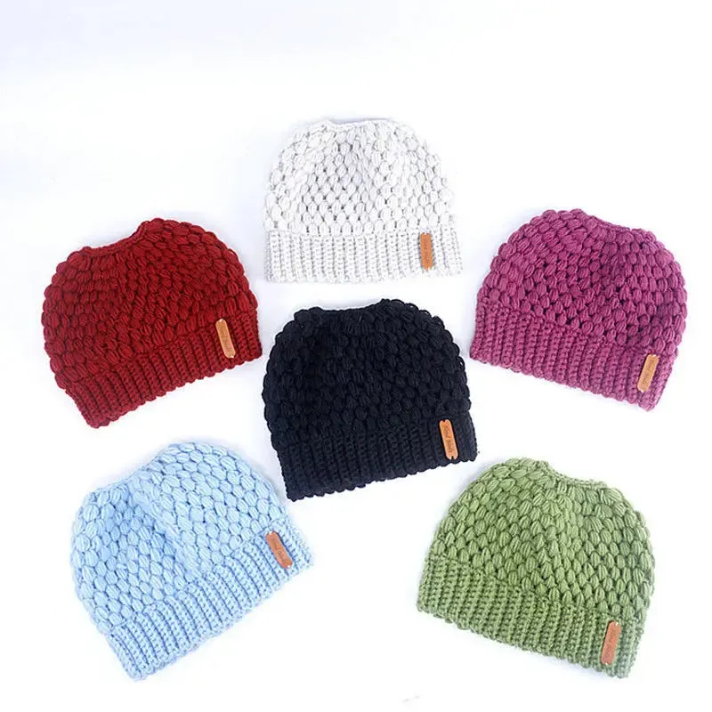 Autumn Winter Warm Messy High Bun Ponytail Beanie - Stretch Knit Colorful Hole Cap for Women and Girls, Hot Fashion Accessory