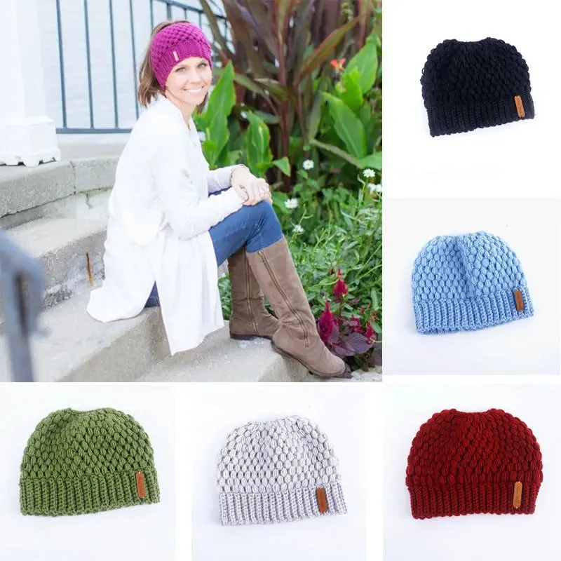 Autumn Winter Warm Messy High Bun Ponytail Beanie - Stretch Knit Colorful Hole Cap for Women and Girls, Hot Fashion Accessory