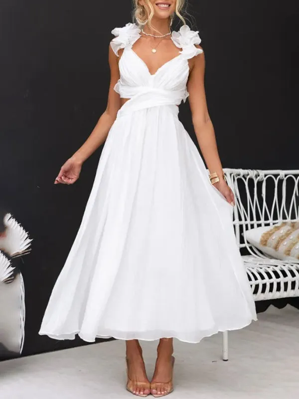 Backless Tea-length Dress with Adjustable Lace-Up for Cocktails