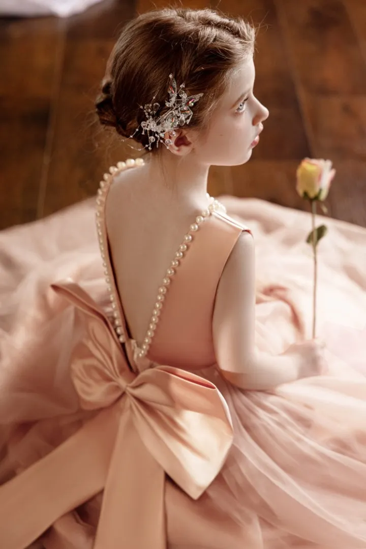 Ball-Gown/Princess V-Neck Floor-Length Tulle/Satin Flower Girl Dress With Bow