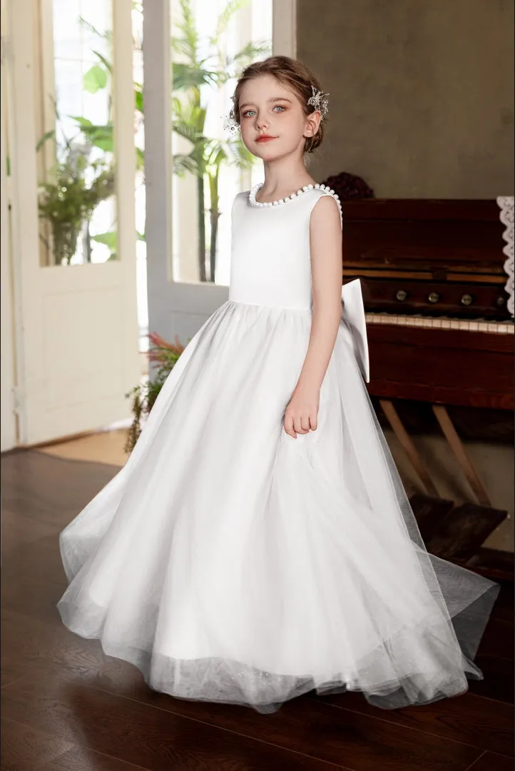 Ball-Gown/Princess V-Neck Floor-Length Tulle/Satin Flower Girl Dress With Bow