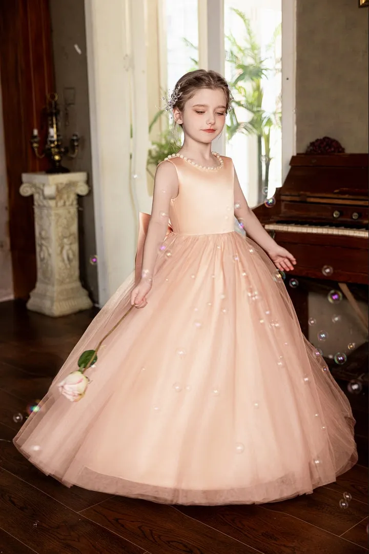 Ball-Gown/Princess V-Neck Floor-Length Tulle/Satin Flower Girl Dress With Bow