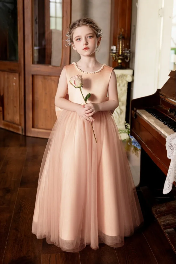 Ball-Gown/Princess V-Neck Floor-Length Tulle/Satin Flower Girl Dress With Bow