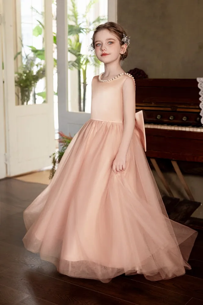 Ball-Gown/Princess V-Neck Floor-Length Tulle/Satin Flower Girl Dress With Bow