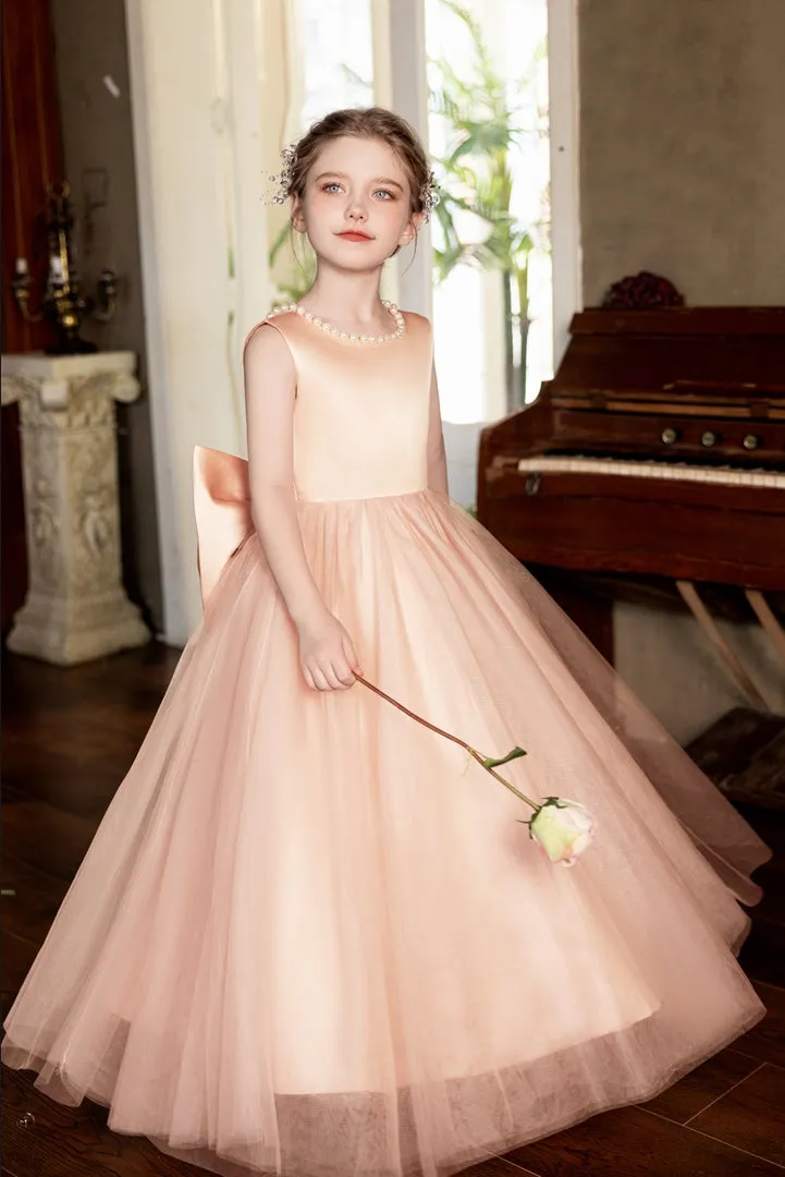 Ball-Gown/Princess V-Neck Floor-Length Tulle/Satin Flower Girl Dress With Bow