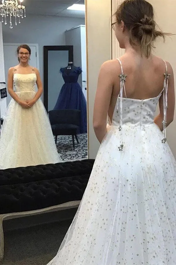 Beautiful Sky Blue Tulle Star A-line Long Prom Dresses, Formal Dresses, SP796