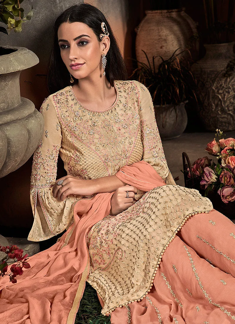 Beige And Peach Embroidered Palazzo Suit