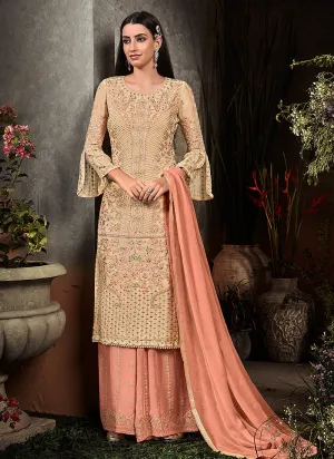 Beige And Peach Embroidered Palazzo Suit