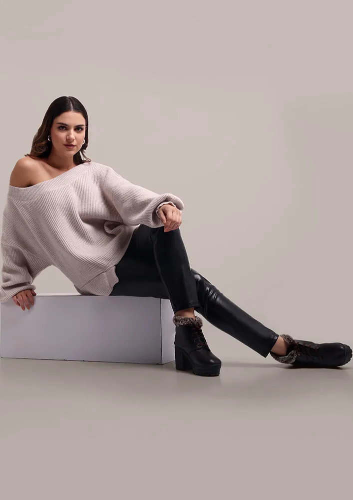 Beige Off -Shoulder Loose Jumper