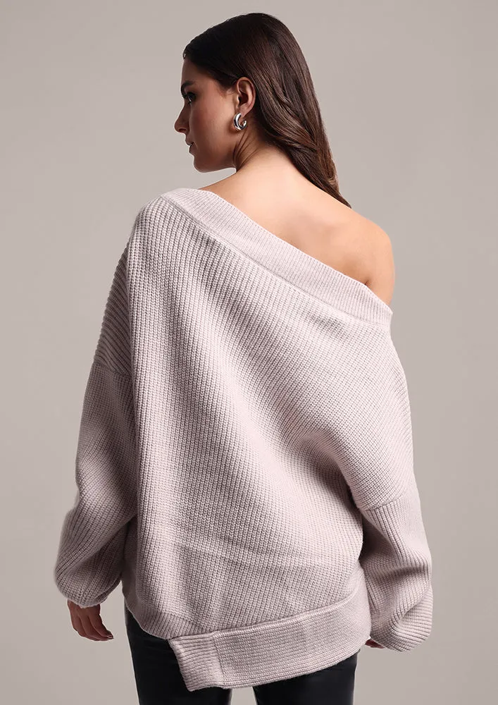 Beige Off -Shoulder Loose Jumper