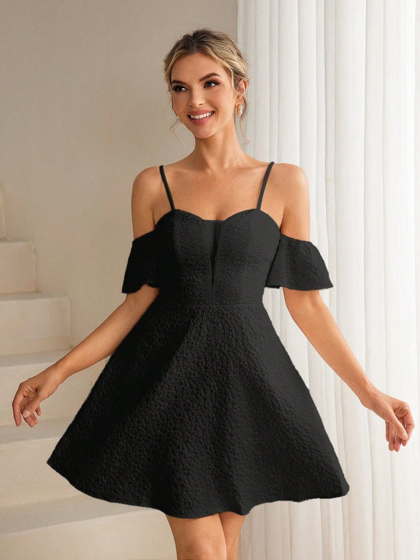 Belle Women's Elegant Jacquard Mesh Splice Open Shoulder Sleeve Summer Evening Party Dress