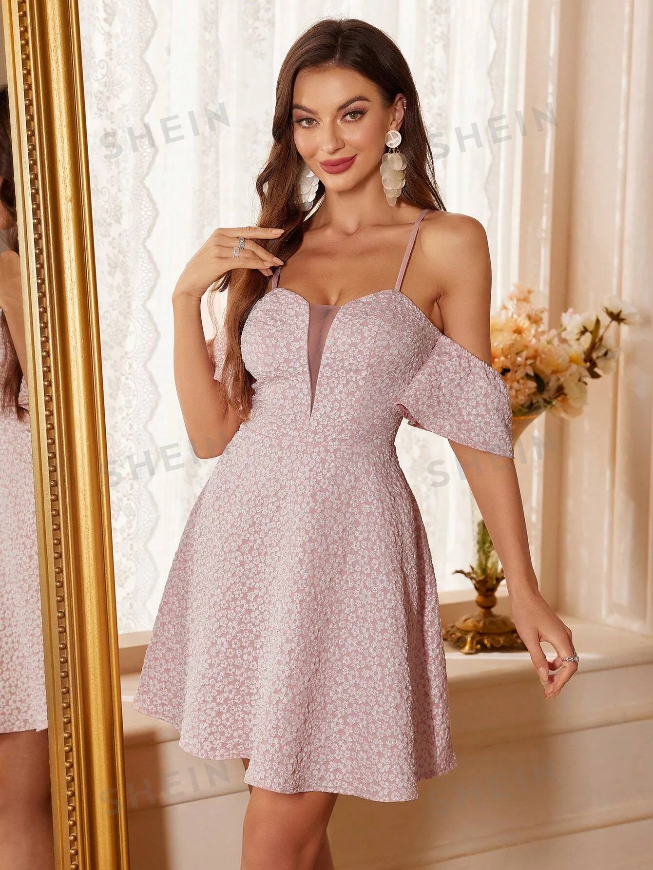 Belle Women's Elegant Jacquard Mesh Splice Open Shoulder Sleeve Summer Evening Party Dress