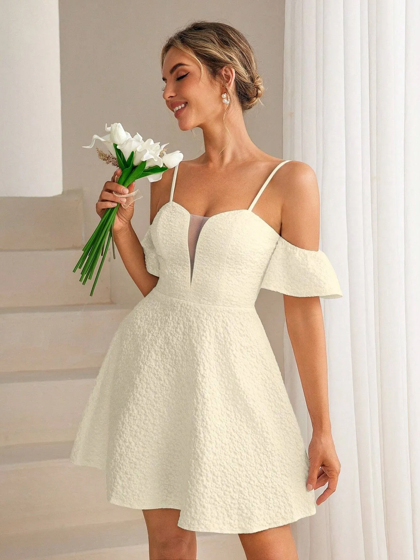 Belle Women's Elegant Jacquard Mesh Splice Open Shoulder Sleeve Summer Evening Party Dress