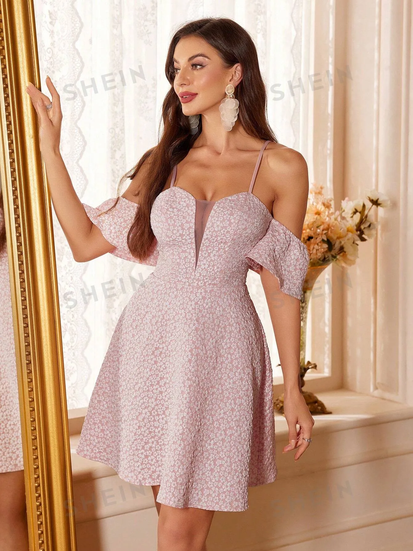 Belle Women's Elegant Jacquard Mesh Splice Open Shoulder Sleeve Summer Evening Party Dress