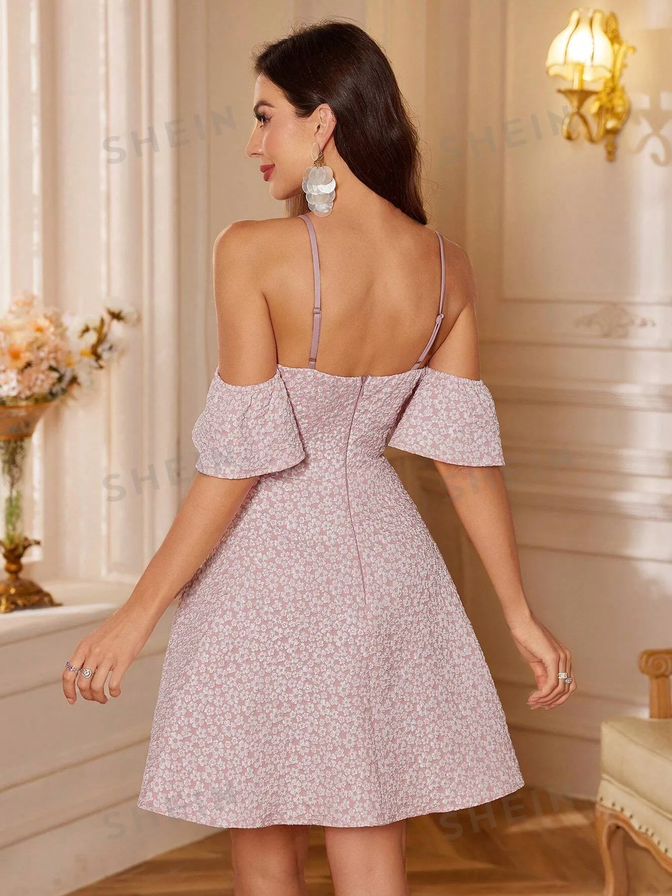 Belle Women's Elegant Jacquard Mesh Splice Open Shoulder Sleeve Summer Evening Party Dress
