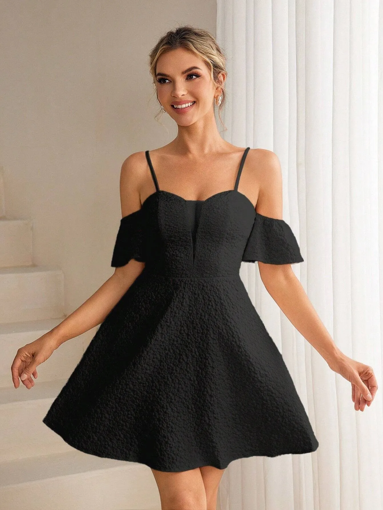 Belle Women's Elegant Jacquard Mesh Splice Open Shoulder Sleeve Summer Evening Party Dress
