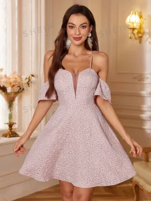 Belle Women's Elegant Jacquard Mesh Splice Open Shoulder Sleeve Summer Evening Party Dress