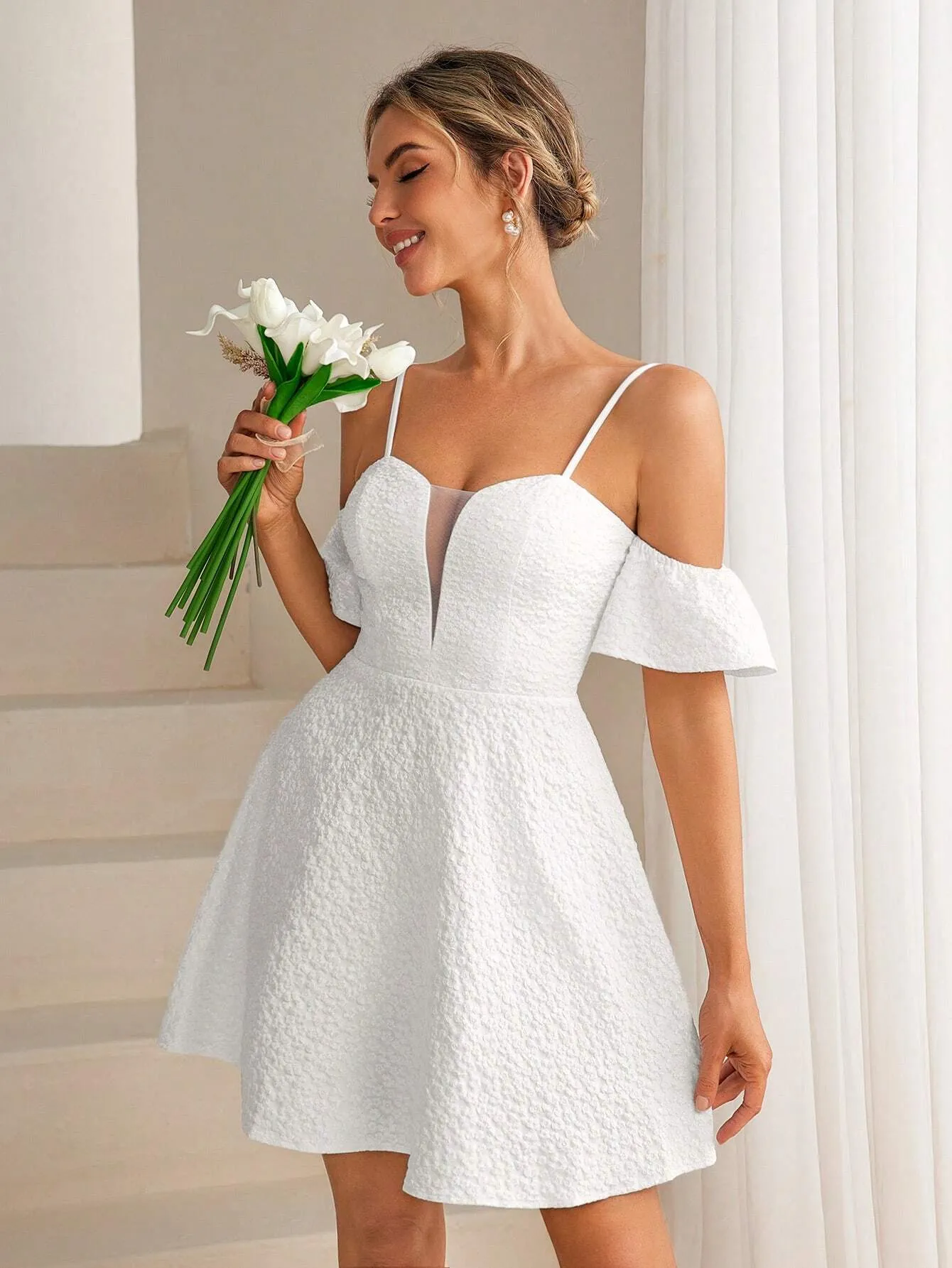 Belle Women's Elegant Jacquard Mesh Splice Open Shoulder Sleeve Summer Evening Party Dress