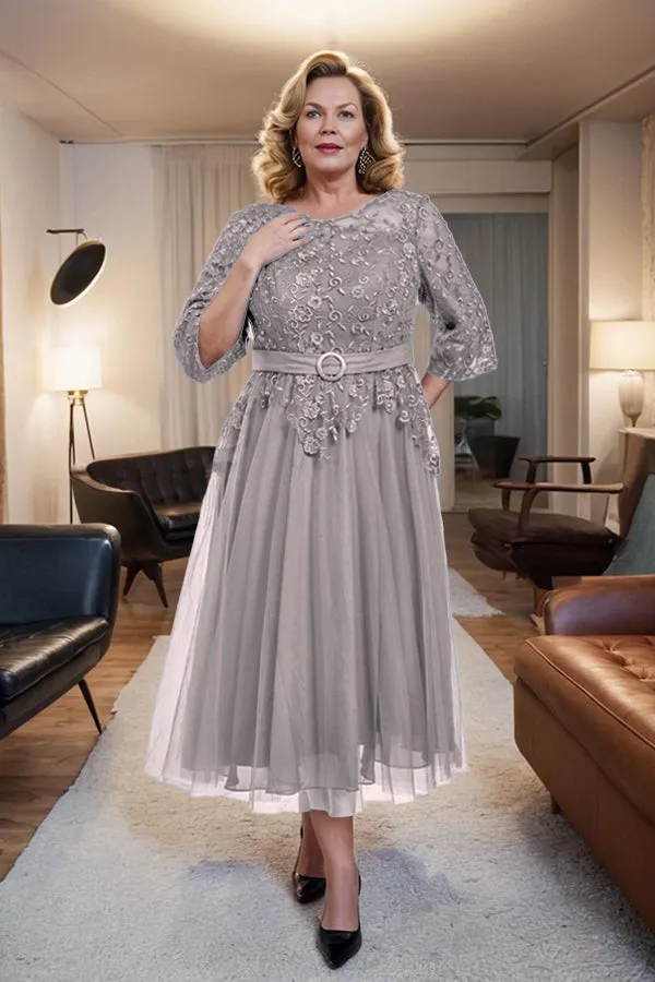Belted 3/4 Sleeves Tulle Tea Length Mother of the Bride Dress