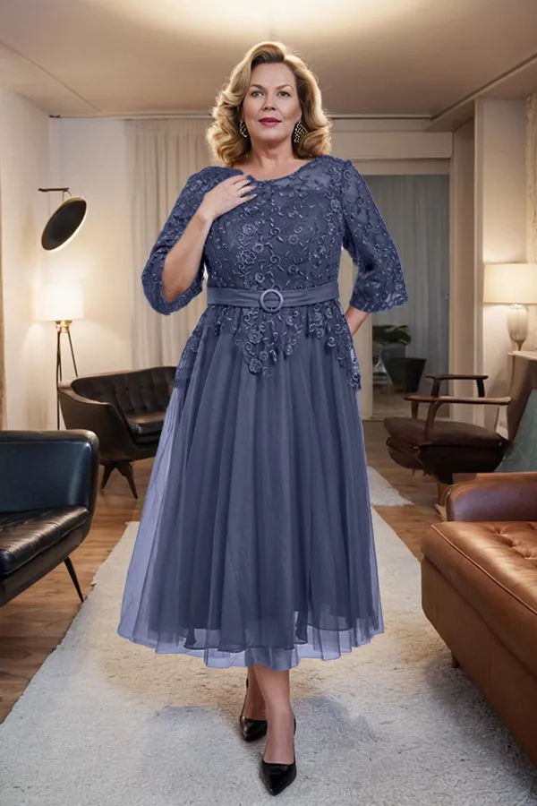 Belted 3/4 Sleeves Tulle Tea Length Mother of the Bride Dress