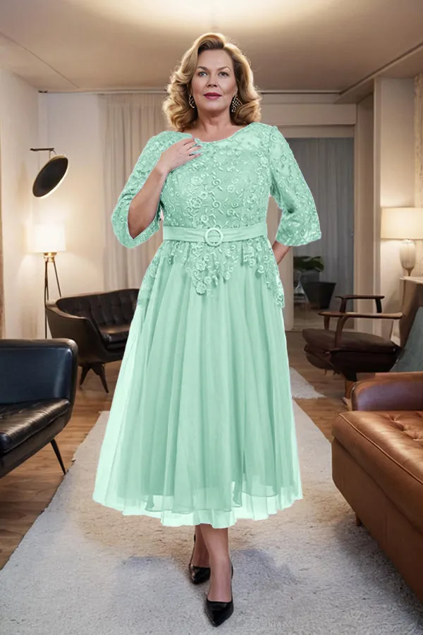 Belted 3/4 Sleeves Tulle Tea Length Mother of the Bride Dress
