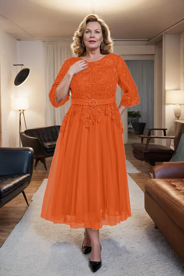Belted 3/4 Sleeves Tulle Tea Length Mother of the Bride Dress