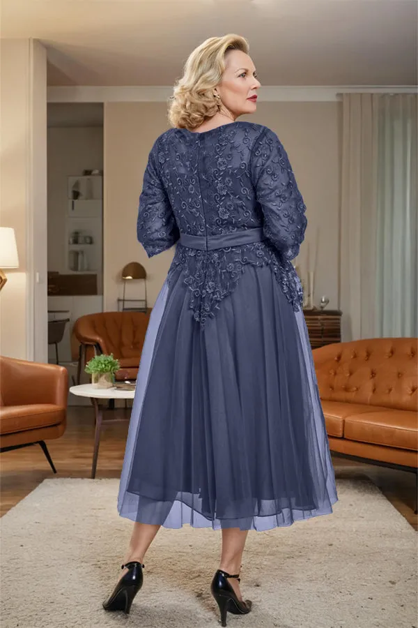 Belted 3/4 Sleeves Tulle Tea Length Mother of the Bride Dress