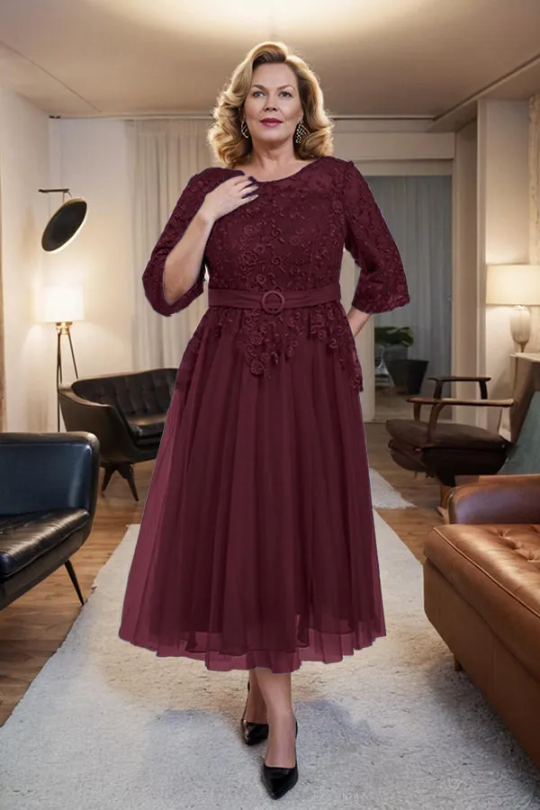 Belted 3/4 Sleeves Tulle Tea Length Mother of the Bride Dress