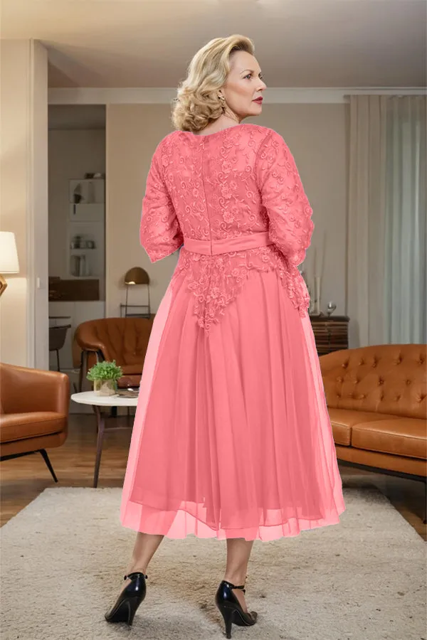 Belted 3/4 Sleeves Tulle Tea Length Mother of the Bride Dress