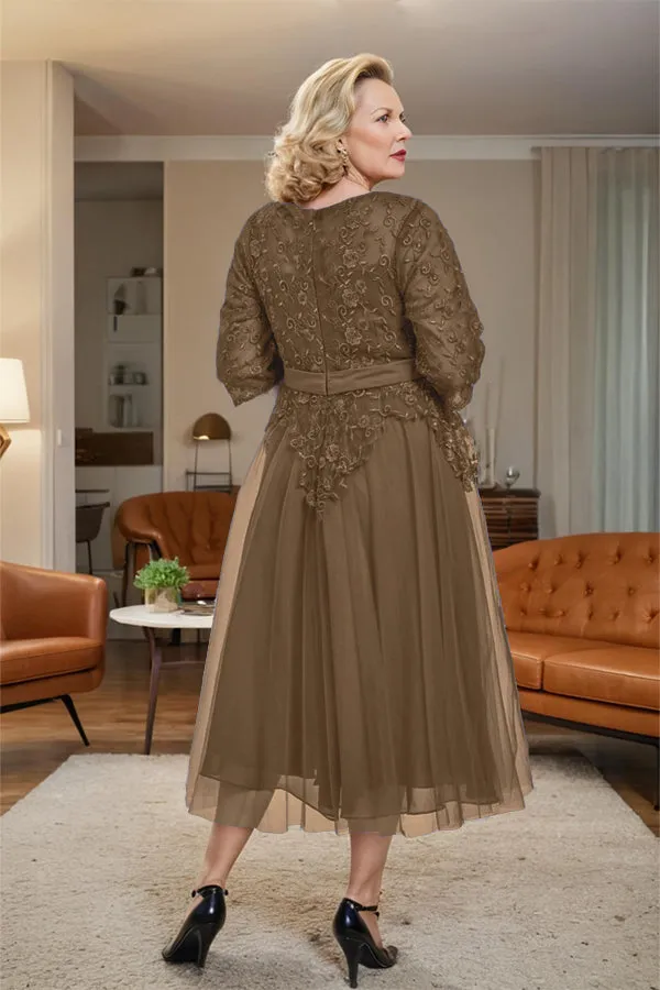 Belted 3/4 Sleeves Tulle Tea Length Mother of the Bride Dress