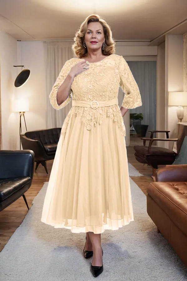 Belted 3/4 Sleeves Tulle Tea Length Mother of the Bride Dress