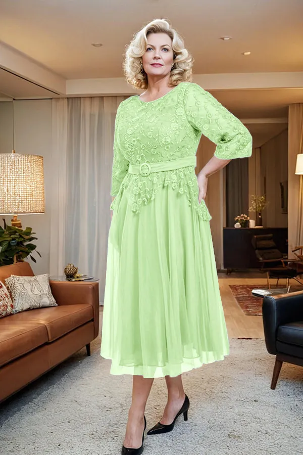 Belted 3/4 Sleeves Tulle Tea Length Mother of the Bride Dress