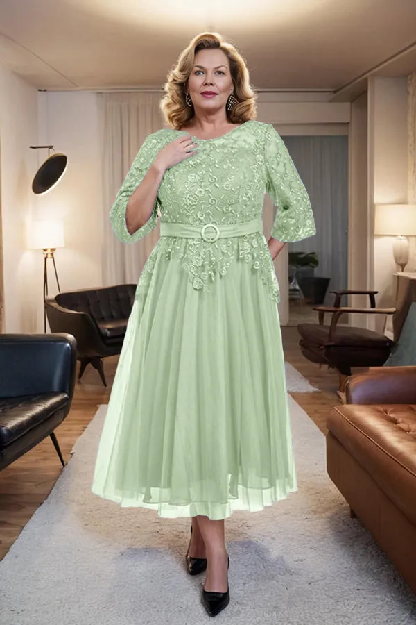 Belted 3/4 Sleeves Tulle Tea Length Mother of the Bride Dress