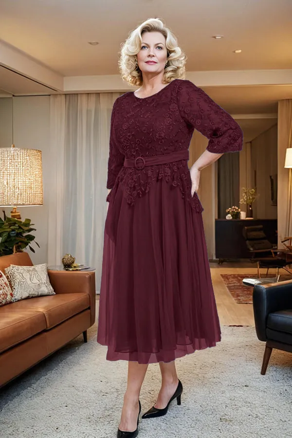 Belted 3/4 Sleeves Tulle Tea Length Mother of the Bride Dress