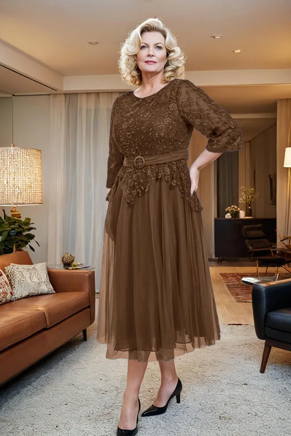 Belted 3/4 Sleeves Tulle Tea Length Mother of the Bride Dress